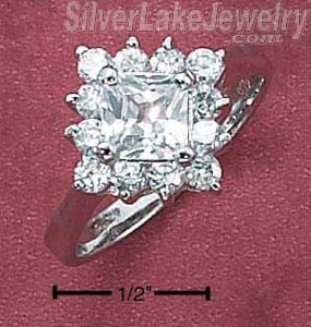 Sterling Silver Womens Square Cz Ring W/ Cz Border On Plain Band Size 6