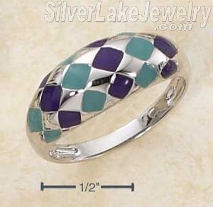 Sterling Silver Enamel Purple & Green Diamond Patterned Dome Ring Size 8