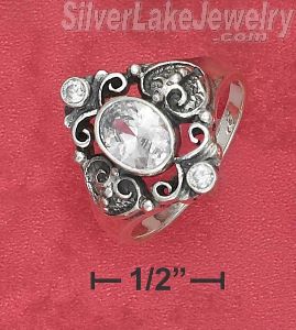 Sterling Silver 7X9 Cz W/ Fancy Filigree Design & 2mm Round Cz'S Ring Size 6