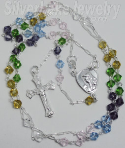 Sterling Silver 23" Crucifix & Virgin Mary Multi-colored CZ Rosa