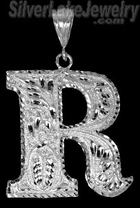 Sterling Silver Large Diamond-cut Initial Letter R Charm Pendant