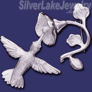 Sterling Silver Hummingbird Sucking Flower Brooch Pin
