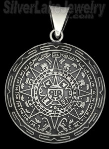 Sterling Silver Large Puffed Aztec Sun Calendar Pendant 37mm