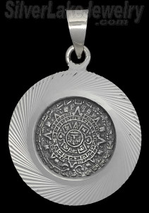 Sterling Silver Aztec Sun Calendar Pendant w/Swirling Diamond-cut Border 31mm