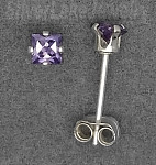 Sterling Silver 3mm Princess Cut Amethyst CZ Stud Earrings