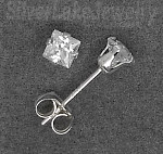 Sterling Silver 3mm Princess Cut Clear White CZ Stud Earrings
