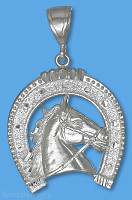 Sterling Silver Diamond-Cut Horse Head in Horseshoe Charm Pendant