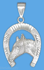 Sterling Silver Diamond-Cut Horse Head Horseshoe Charm Pendant