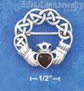 Sterling Silver Open Weave Claddagh Pin With Synthetic Garnet Cubic Zirconia